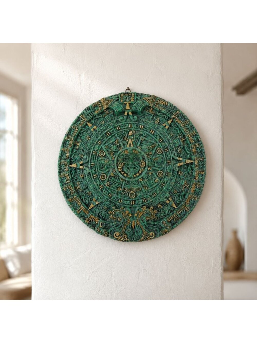Vintage Aztec Sun Calendar Wall Plaque Green Crushed Malachite Mexican Art 7"